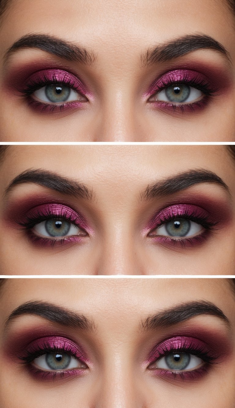 A close-up of a pair of eyes with soft burgundy eyeshadow, creating a bold and romantic look