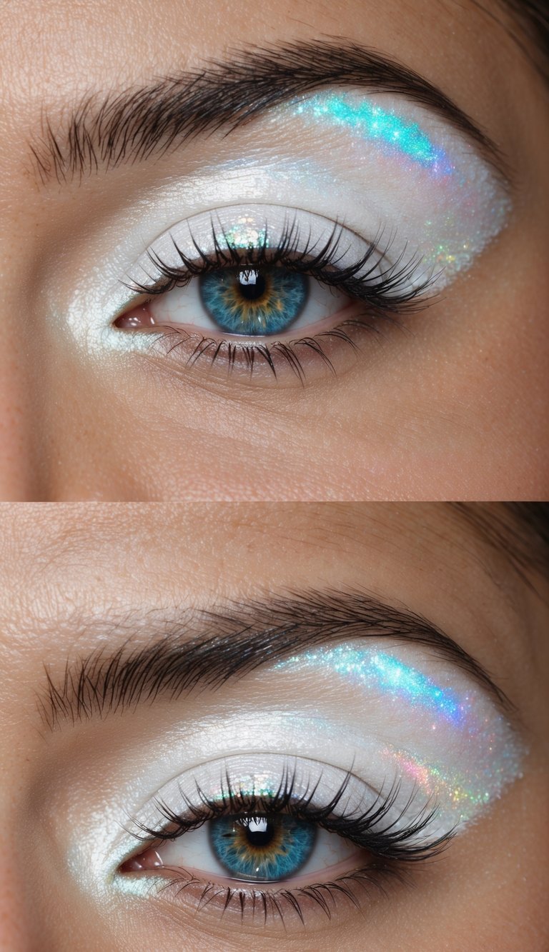 Iridescent white eyeshadow with holographic glitter on a futuristic background