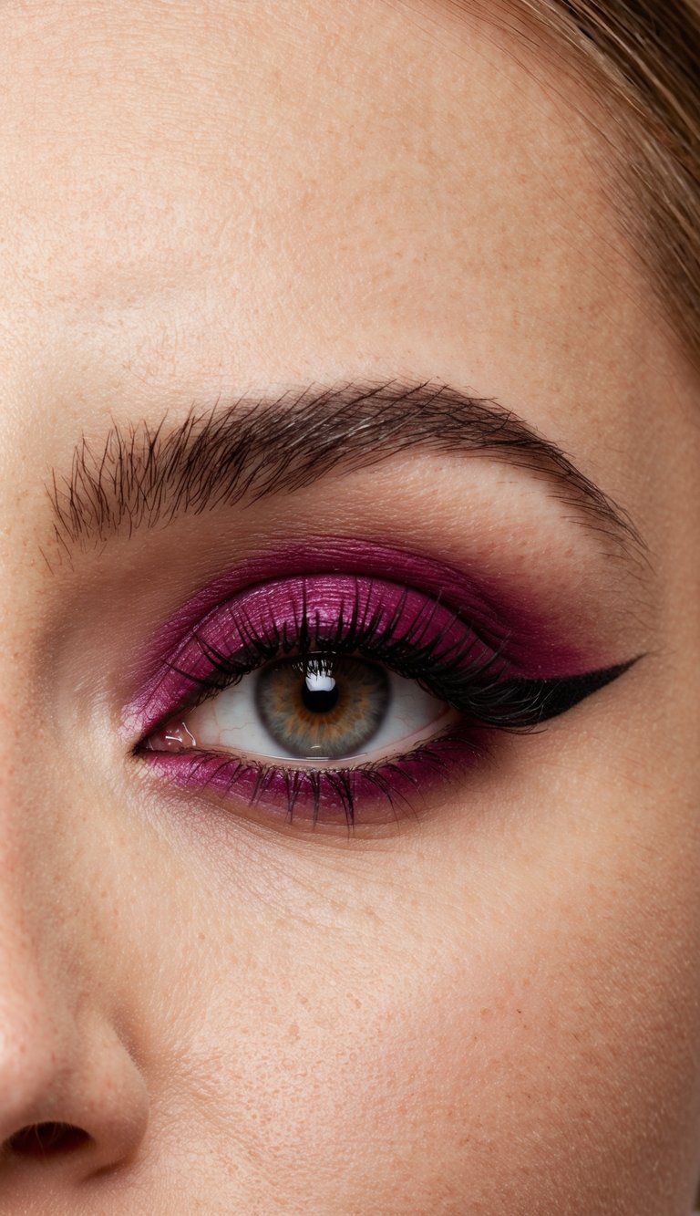A close-up of an eye with burgundy eyeliner on the waterline, surrounded by bold and romantic burgundy eye makeup