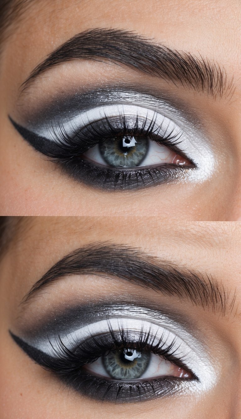 A close-up of a silver and white gradient smoky eye makeup look with futuristic flair