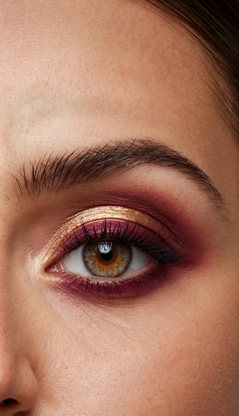 A close-up of a warm burgundy eye with champagne highlight, bold and romantic