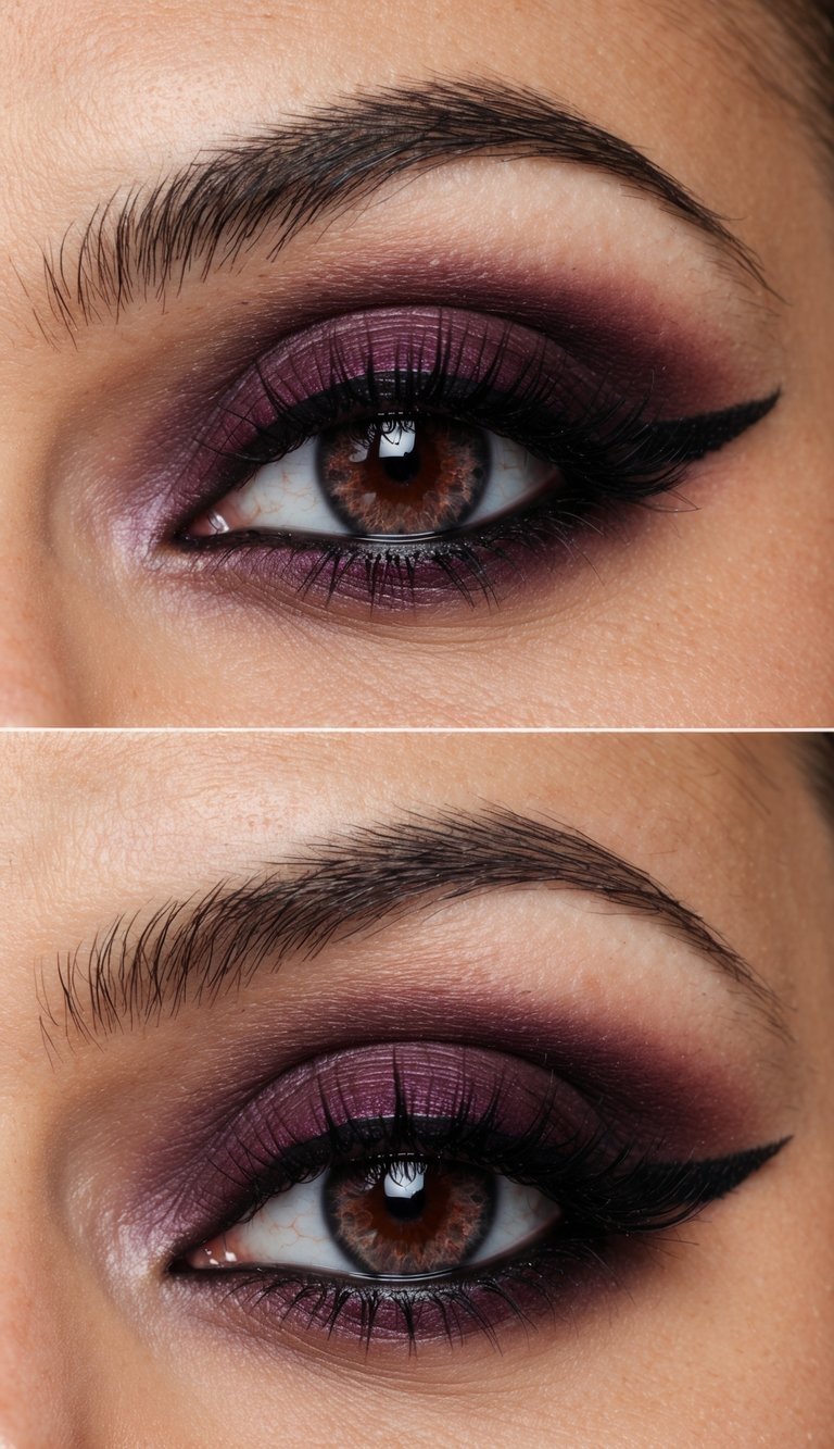 A close-up of a burgundy eye with a black smokey base, bold and romantic
