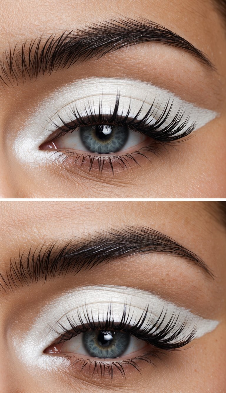A close-up of pearlescent white eyeshadow with sharp, defined brows