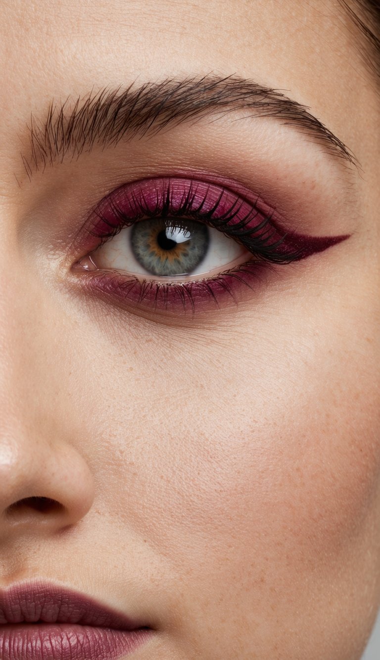 A close-up of a single eye with soft burgundy liner and minimal shadow, creating a bold and romantic makeup look