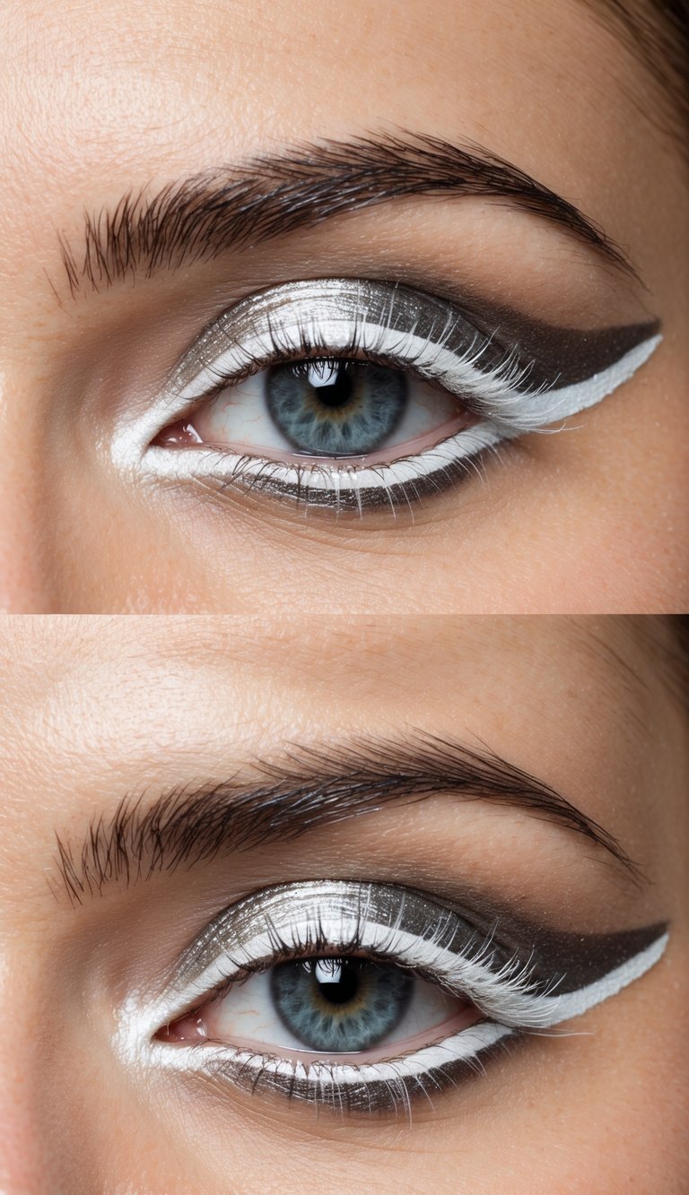 Metallic chrome lids with white eyeliner, futuristic and bold