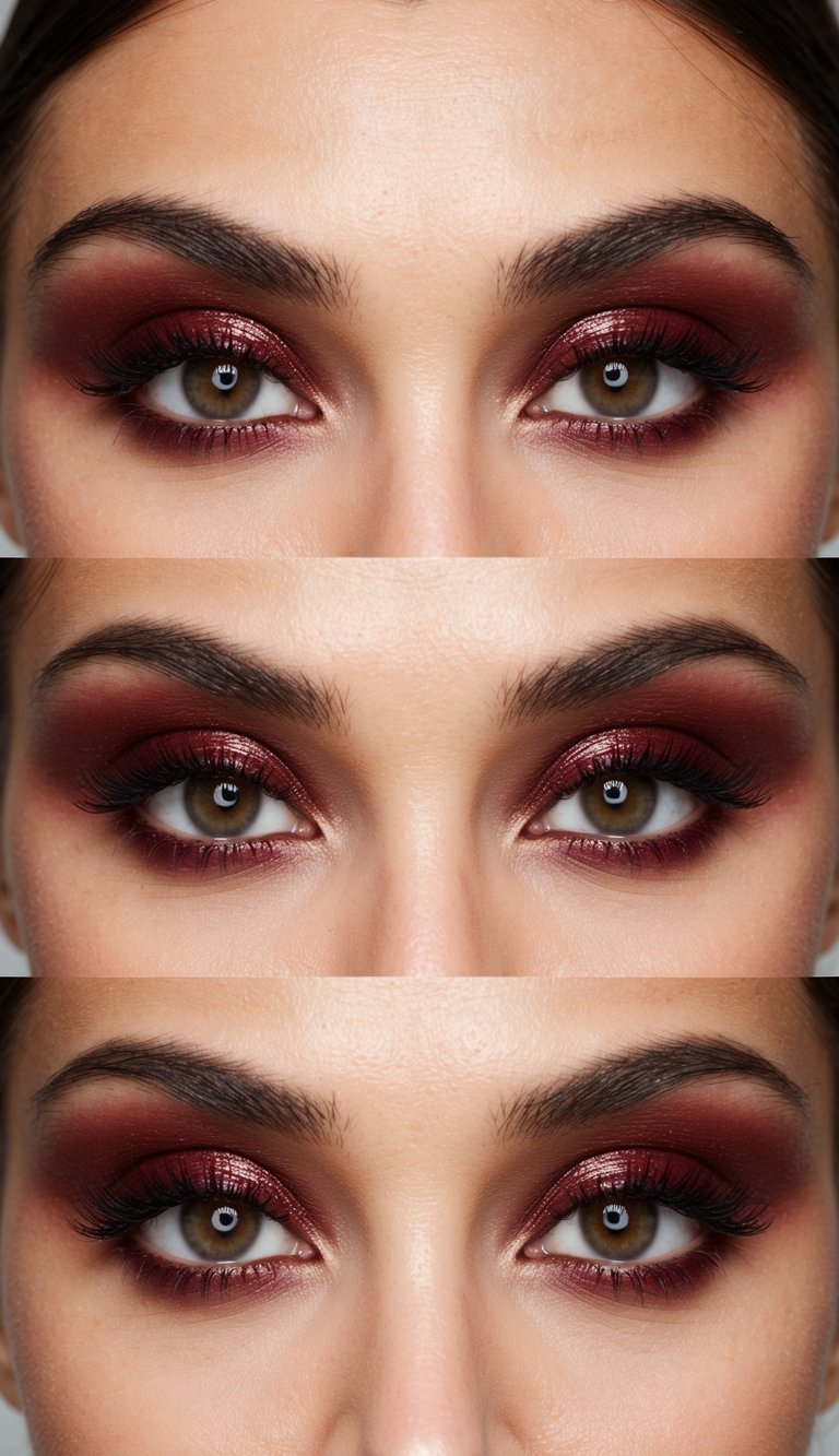 A close-up of a glossy burgundy and brown eye makeup look, bold and romantic