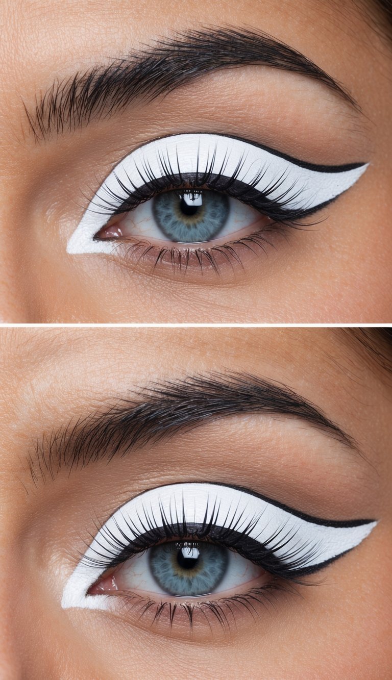 Close-up images of an eye with bold makeup, featuring thick, white eyeshadow and black eyeliner creating a dramatic winged effect, enhanced by long eyelashes in both top and bottom segments.