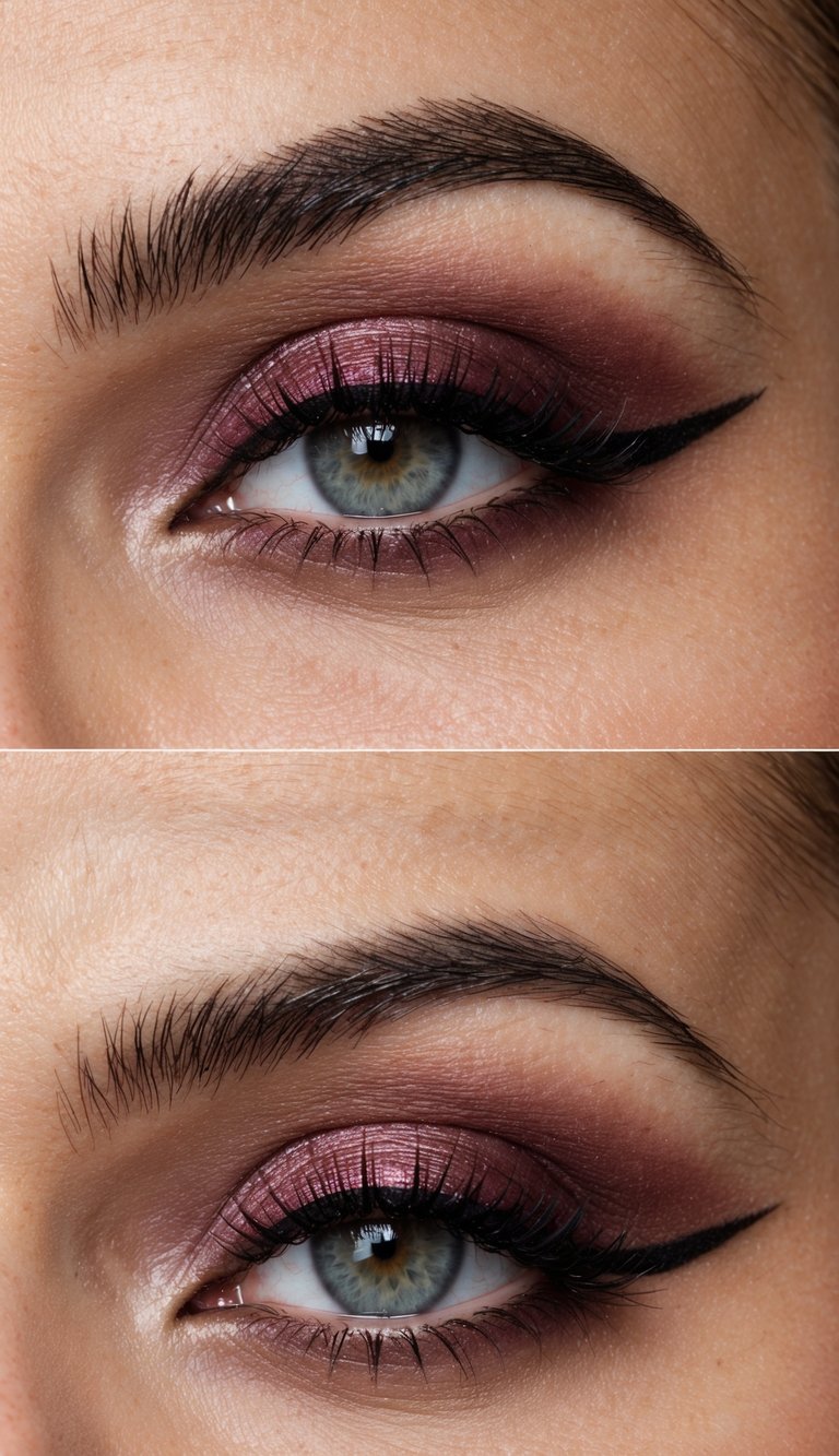 A close-up of a smokey burgundy eye with bronze eyeliner, exuding bold and romantic vibes