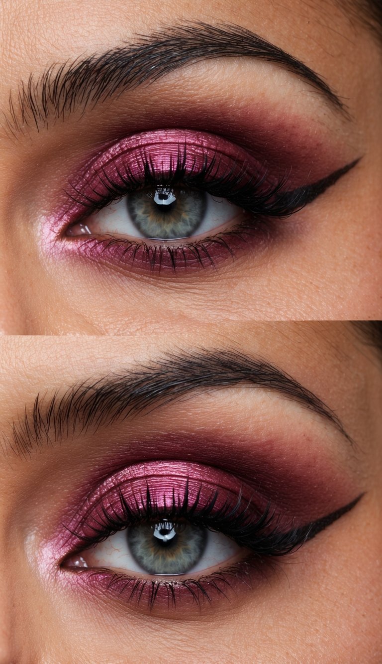 A close-up of a bold and romantic burgundy cut crease eye makeup look, with a rose-tinted hue and intricate detailing