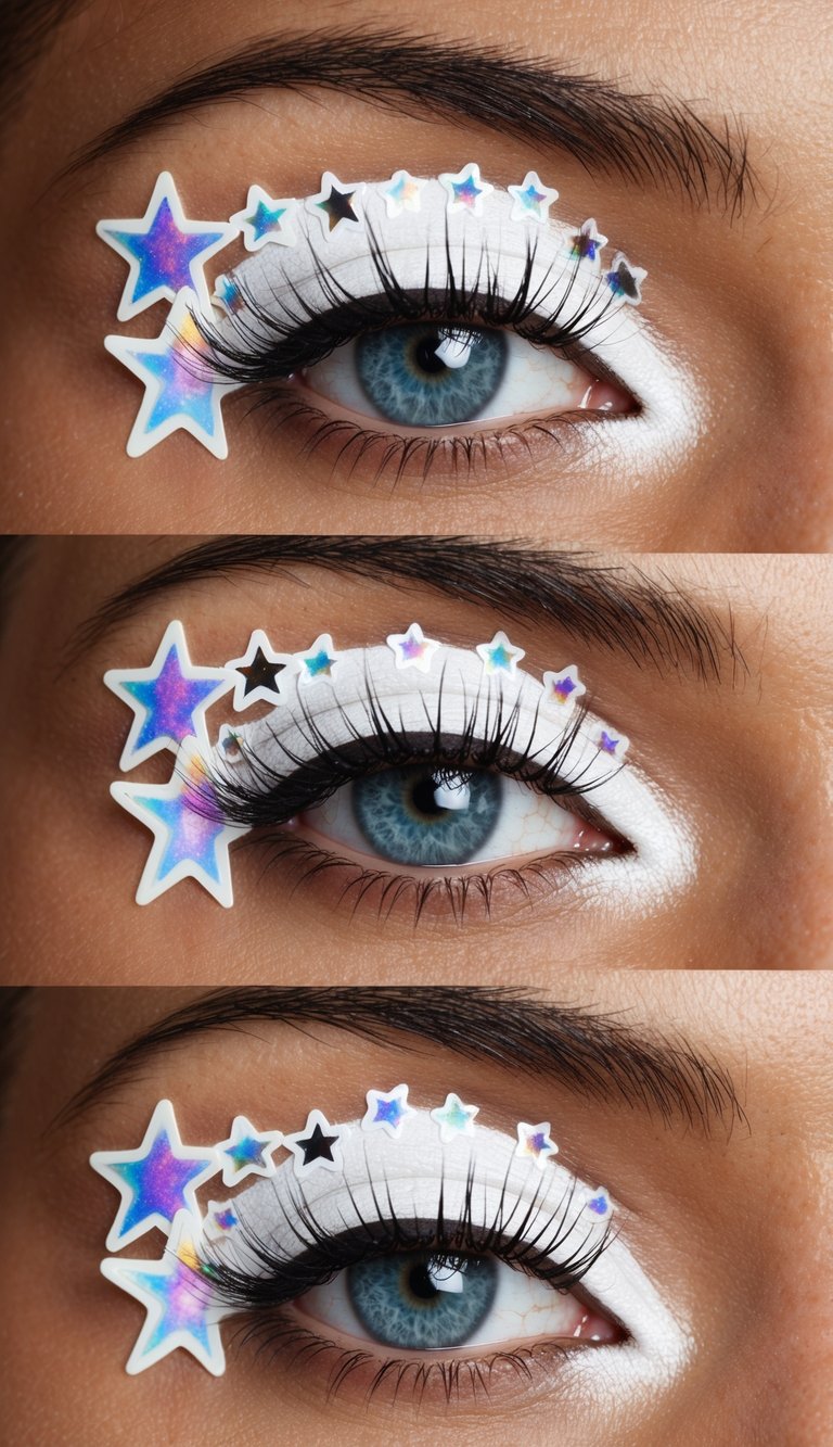 Vivid white eyeshadow with star stickers on a cosmic background