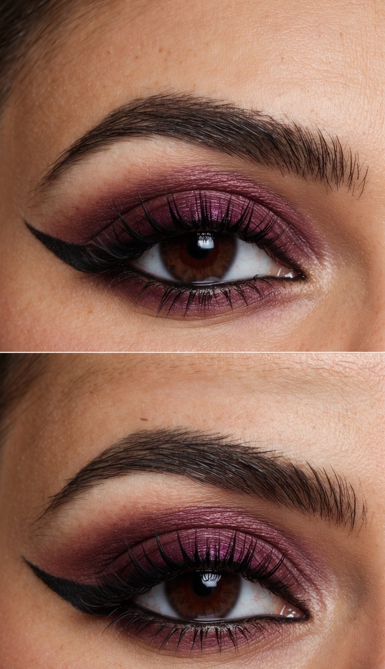 A close-up of burgundy and taupe eye makeup with bold and romantic vibes
