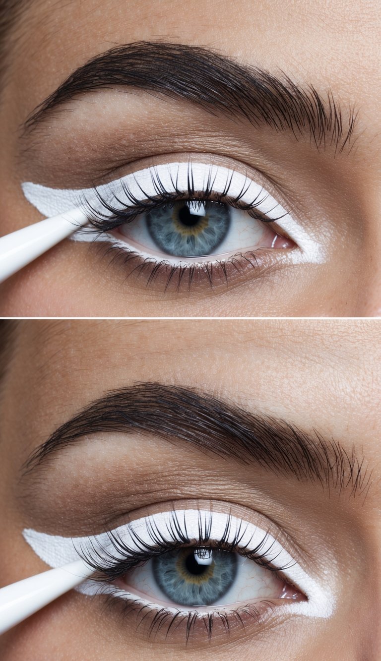 White eyeliner drawn under eyes with a soft wing tip, creating a futuristic and striking makeup look