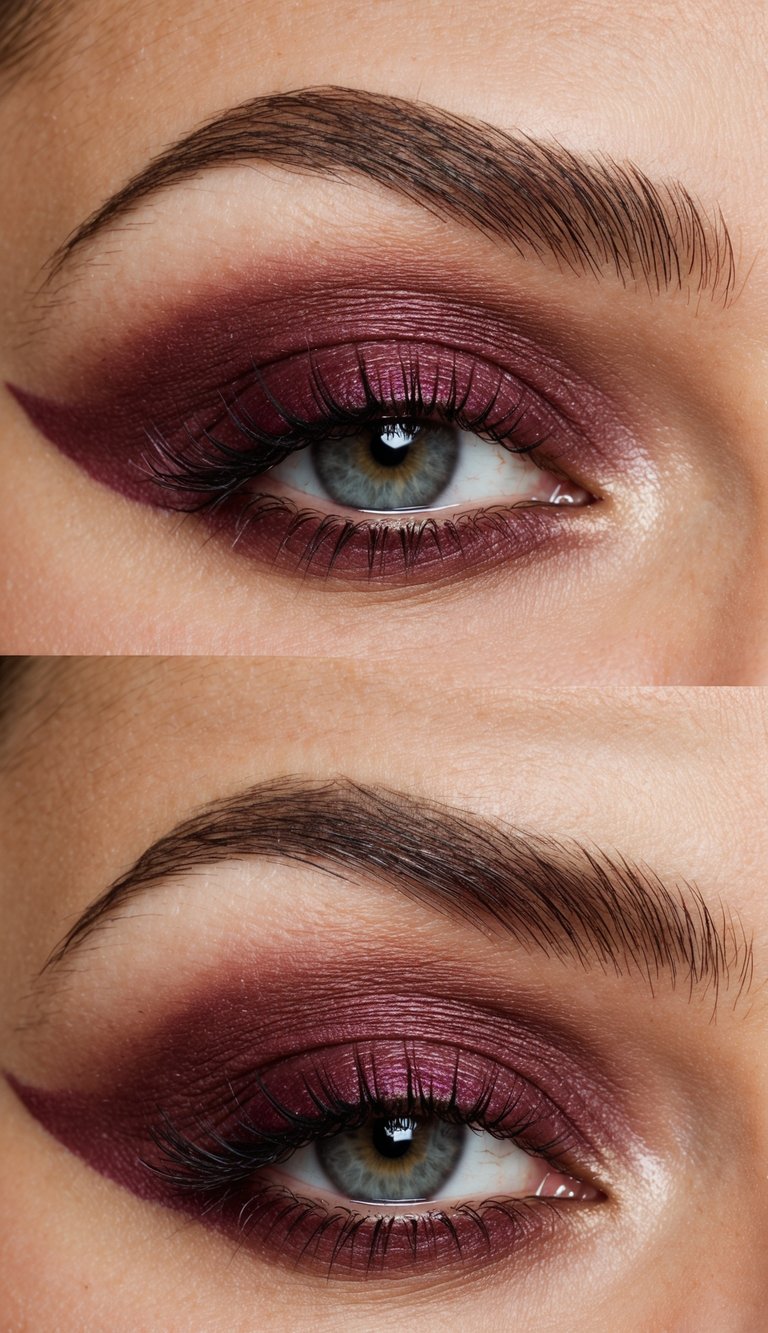 A close-up of a soft burgundy eye shadow with highlighted inner corners, creating a bold and romantic makeup look