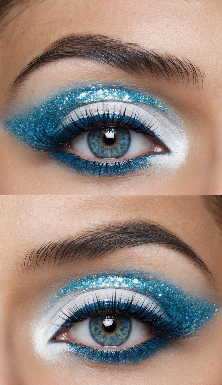 A close-up of an eye with white eyeshadow and icy blue glitter