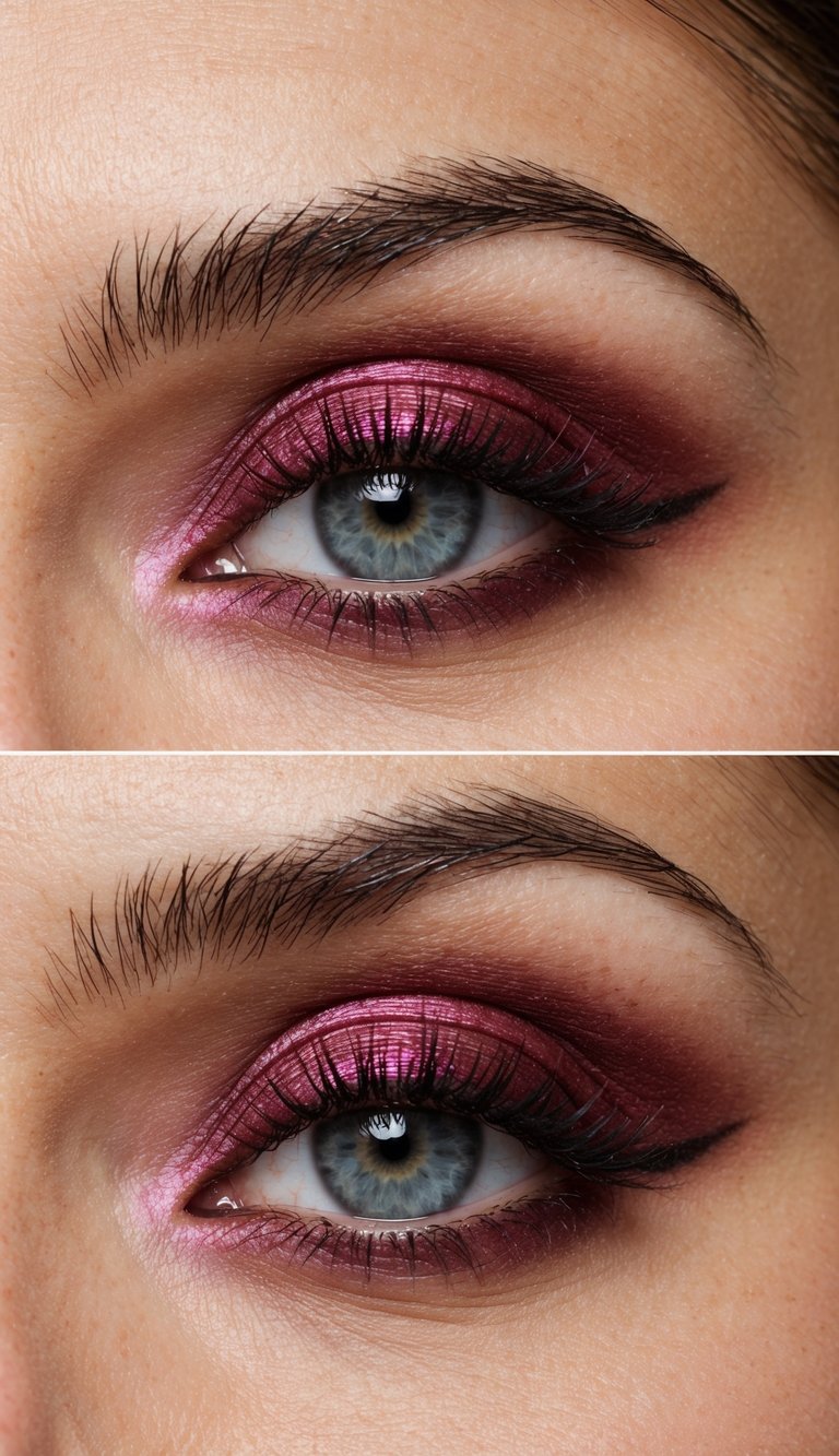A close-up of a pair of eyes with burgundy eyeshadow and soft blush highlights, creating a bold and romantic makeup look
