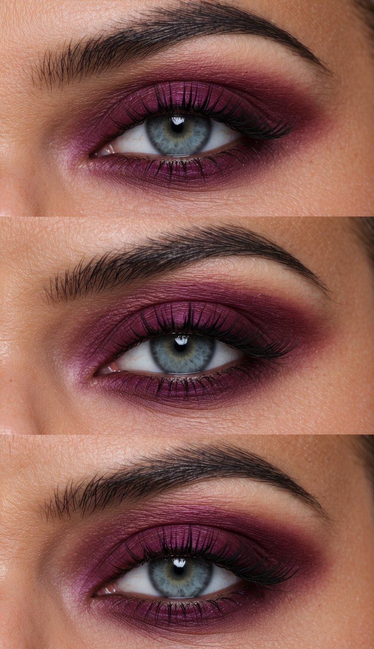 A close-up of a burgundy eye makeup look with a soft matte lip, creating a bold and romantic aesthetic