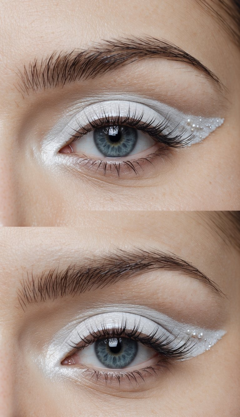 Icy white eyeshadow with pearly inner corner highlight on a futuristic, minimalist makeup look