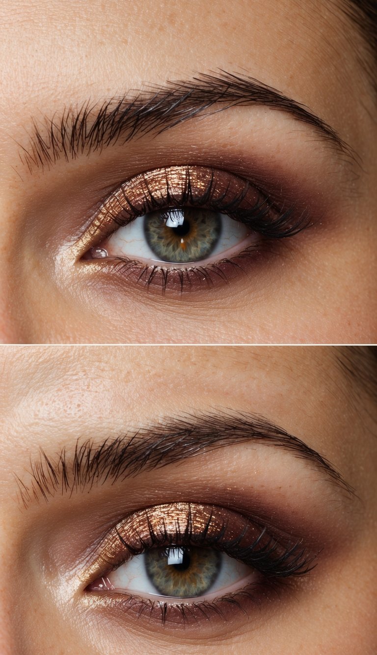 A close-up of an eye with subtle berry eyeshadow and bronze sparkle, exuding bold and romantic vibes