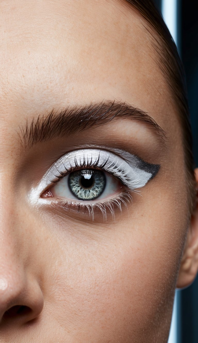 A sleek white cat eye with chrome silver fill stands out against a futuristic backdrop