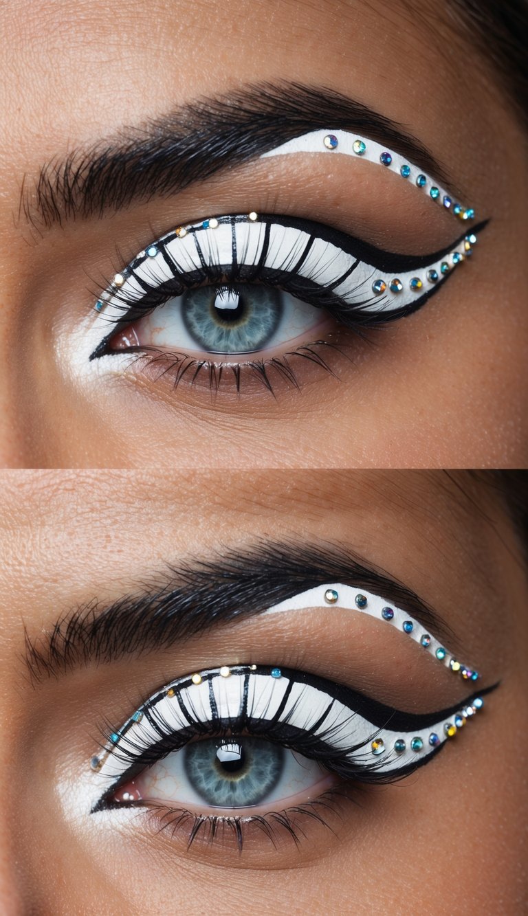 White eyeliner wings with rhinestones in a futuristic makeup look