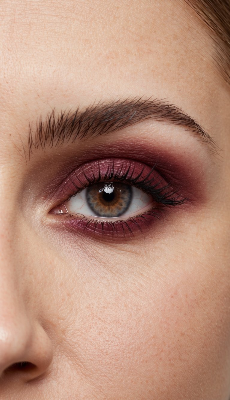 A close-up of a single eye with matte burgundy eyeshadow and a rosy tear duct, creating a bold and romantic look