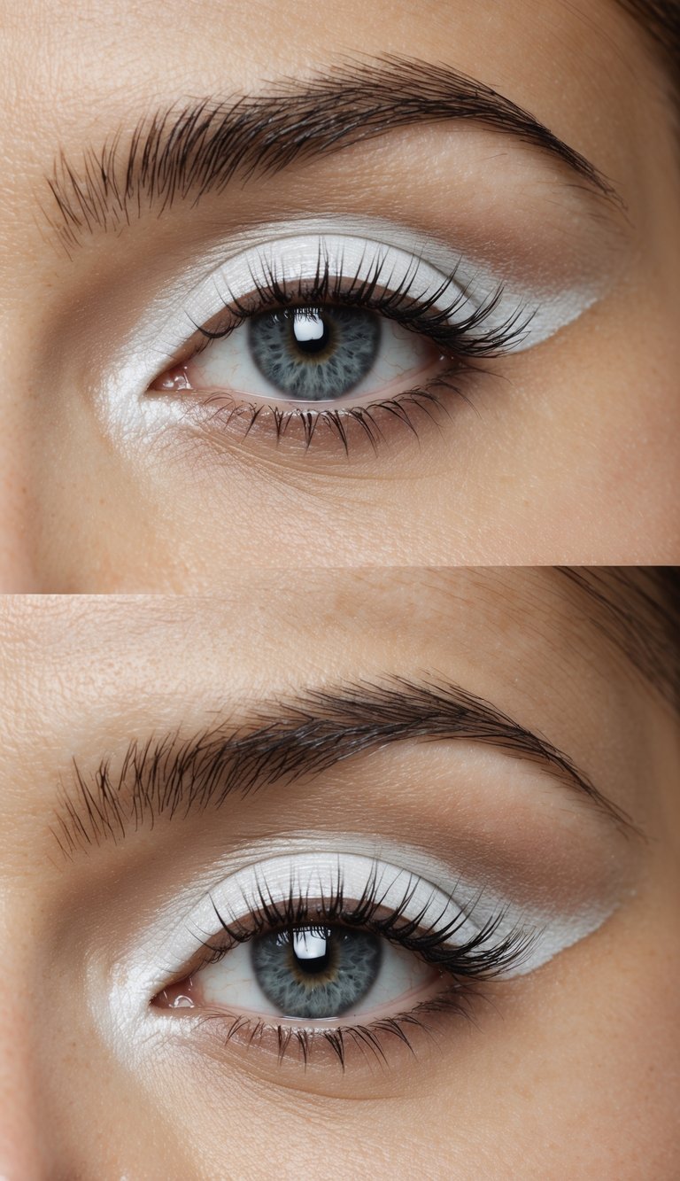 White eyeshadow with a faint silver gradient on a futuristic, minimalist background