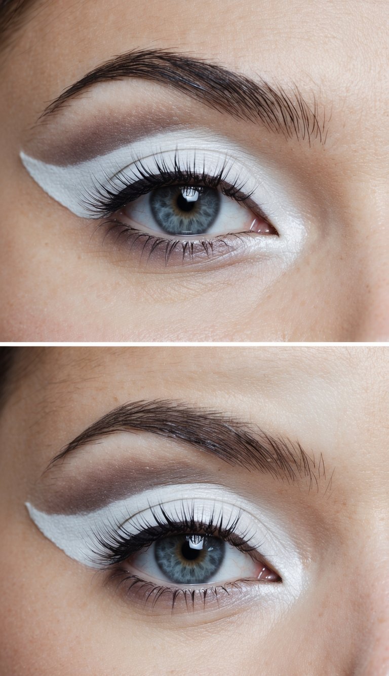 A futuristic white eye makeup look with a glossy finish and shadowy depth