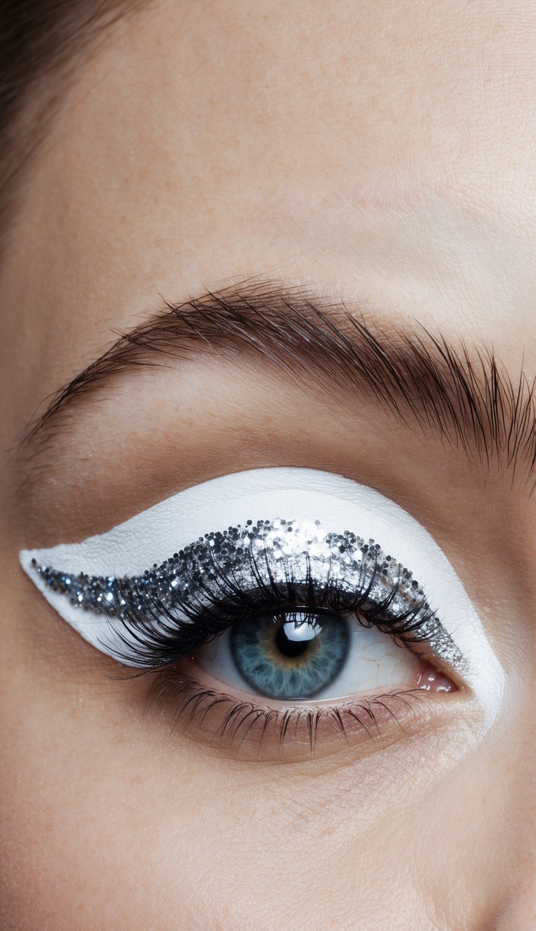 White winged liner with silver glitter lashline on a futuristic, white backdrop
