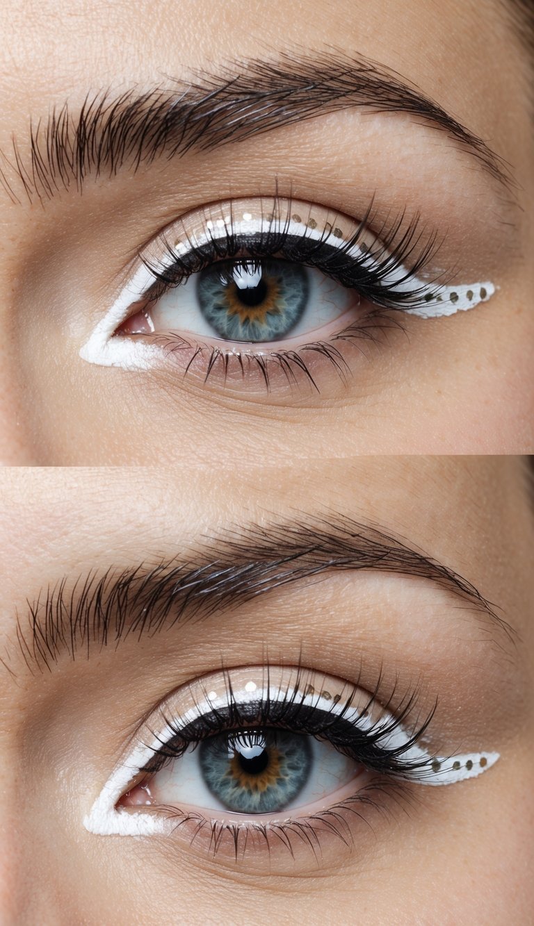 Thin white eyeliner under lashes with silver dots on lid