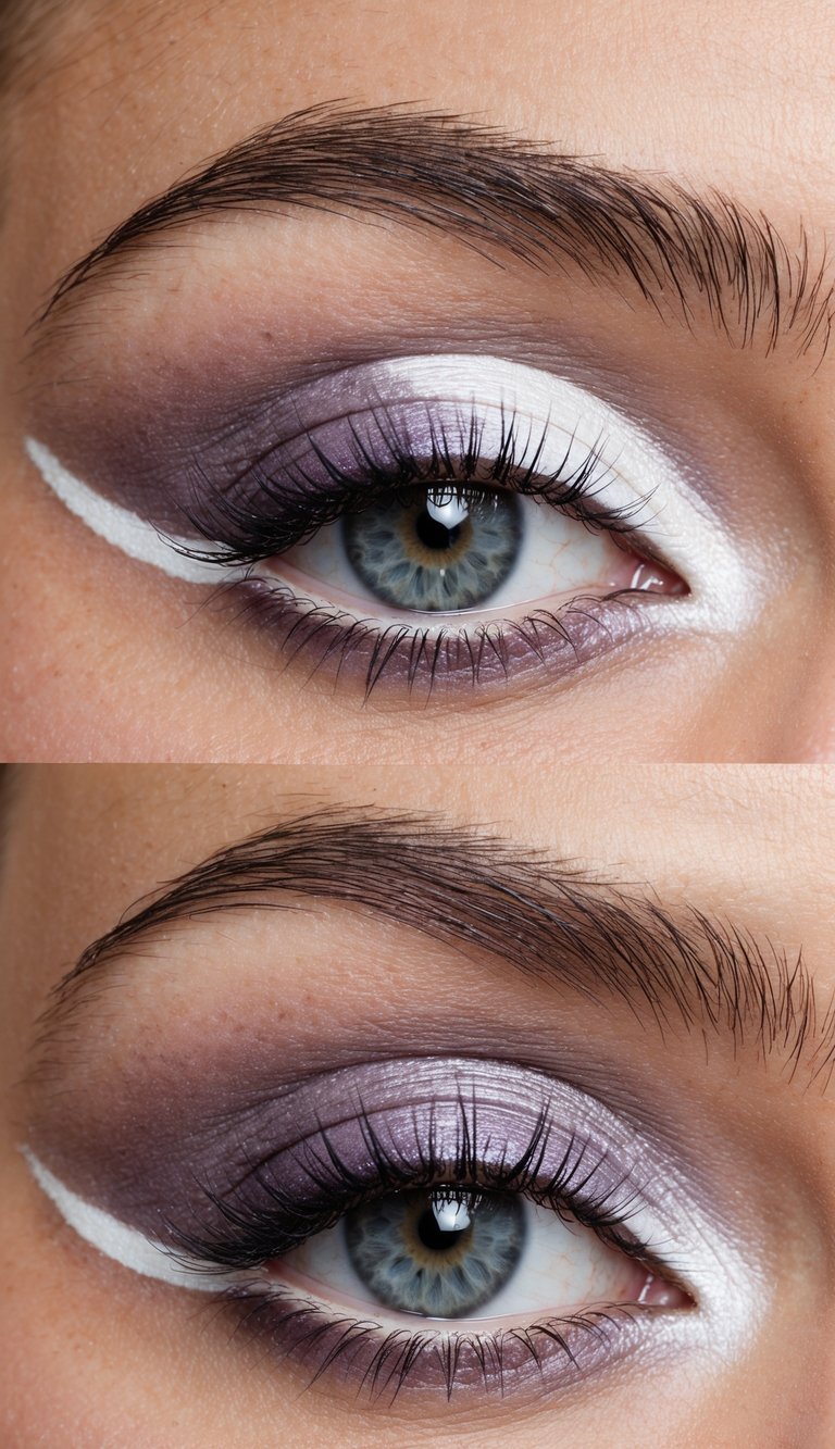 A close-up of a white waterline with smoky lavender lids