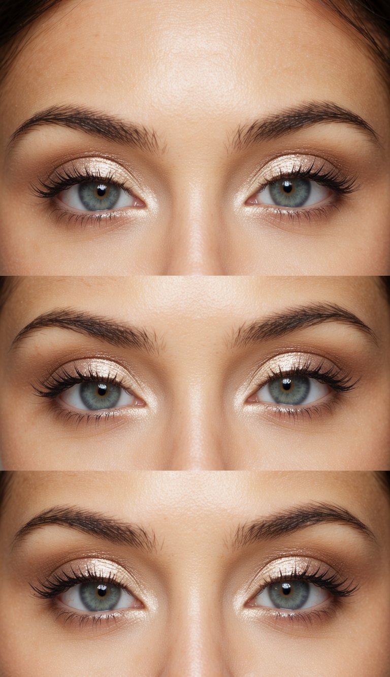 Soft pearl shimmer on eyelids catches the light, creating a luminous finish