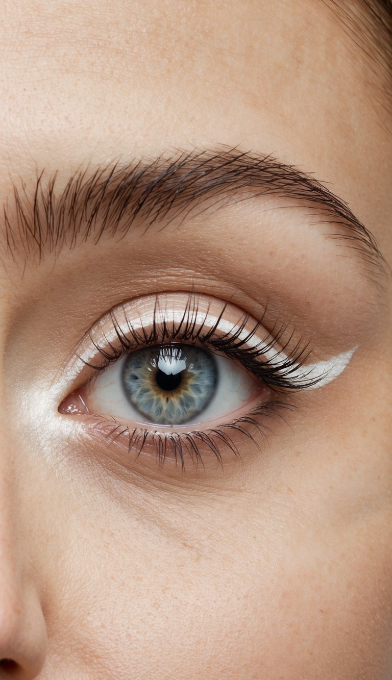 A close-up of a single eye with pearl white eyeliner, surrounded by soft, luminous eye makeup designs