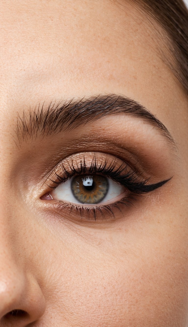 A close-up of a soft brown eye makeup look with subtle shimmer and defined eyeliner, creating an elegant and everyday look