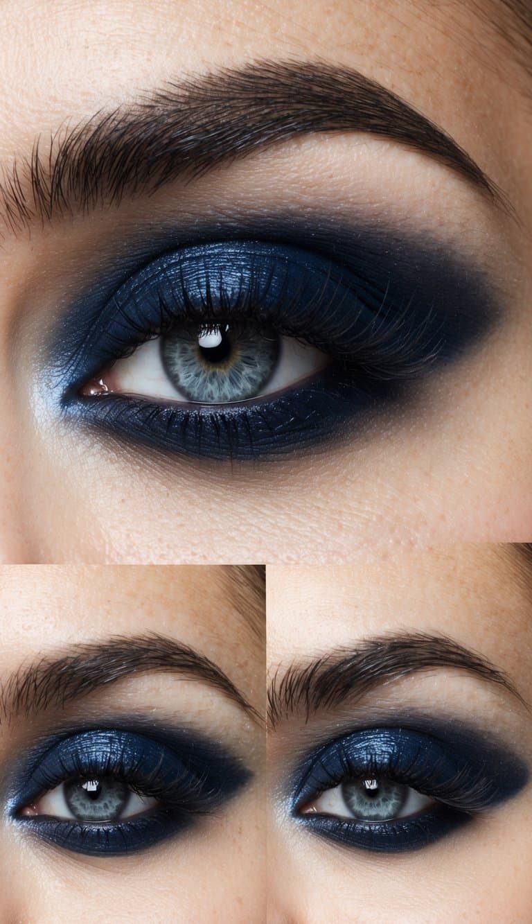 A close-up of a navy blue smokey eye with silver shimmer, creating a bold and cool beauty look