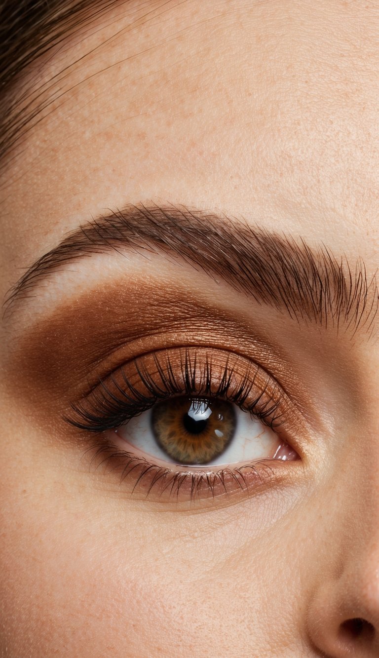 A warm chestnut eyeshadow is applied to the outer corner, blending into soft brown for an everyday elegant eye makeup look