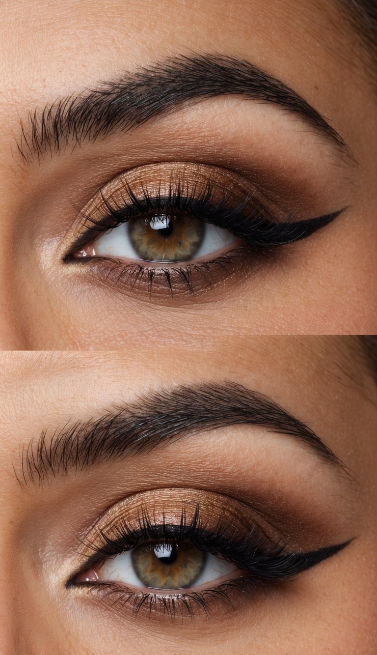 A close-up of a warm brown smokey eye makeup look with soft blended edges for an elegant everyday look