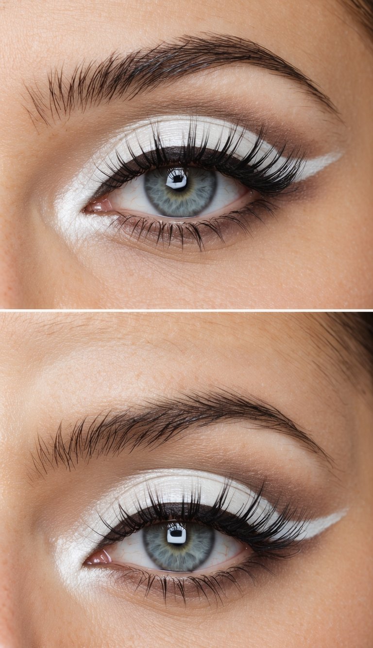 A close-up view of a white pearl smoky eye makeup design with a soft, luminous finish