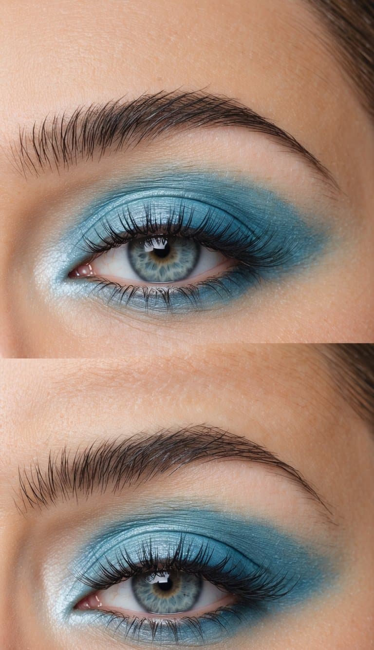 A soft pastel blue gradient smokey eye makeup look