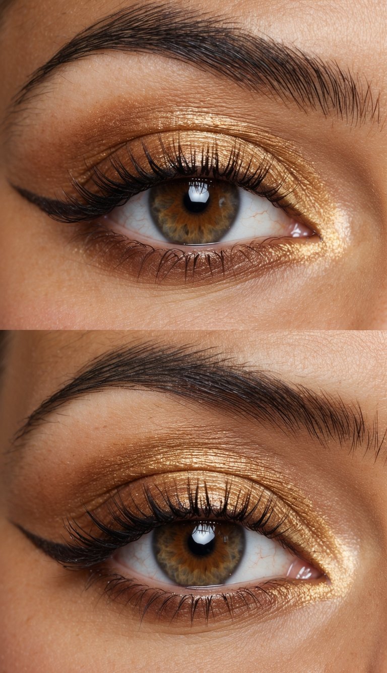 A close-up of a golden bronze eyelid with soft brown eye makeup, creating an elegant everyday look