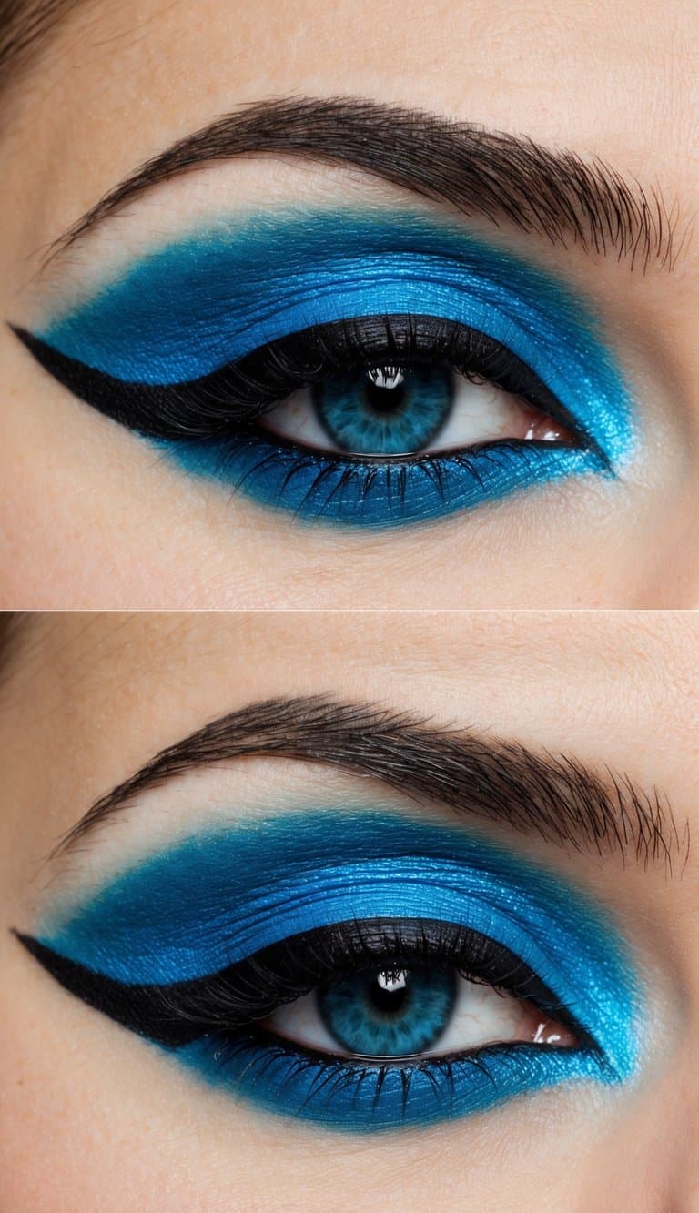 A close-up of electric cobalt blue eyeshadow with black liner, creating a bold and striking smokey eye makeup look