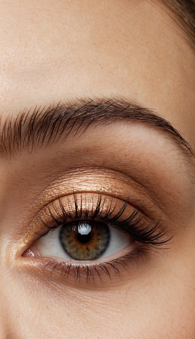 A close-up view of an eye with soft brown eyeshadow and a subtle copper highlight on the brow bone