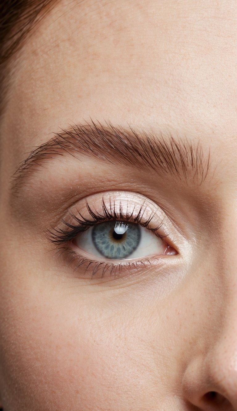 Soft, luminous eye makeup depicted with sheer pearl gloss over matte lids, creating a delicate and ethereal finish