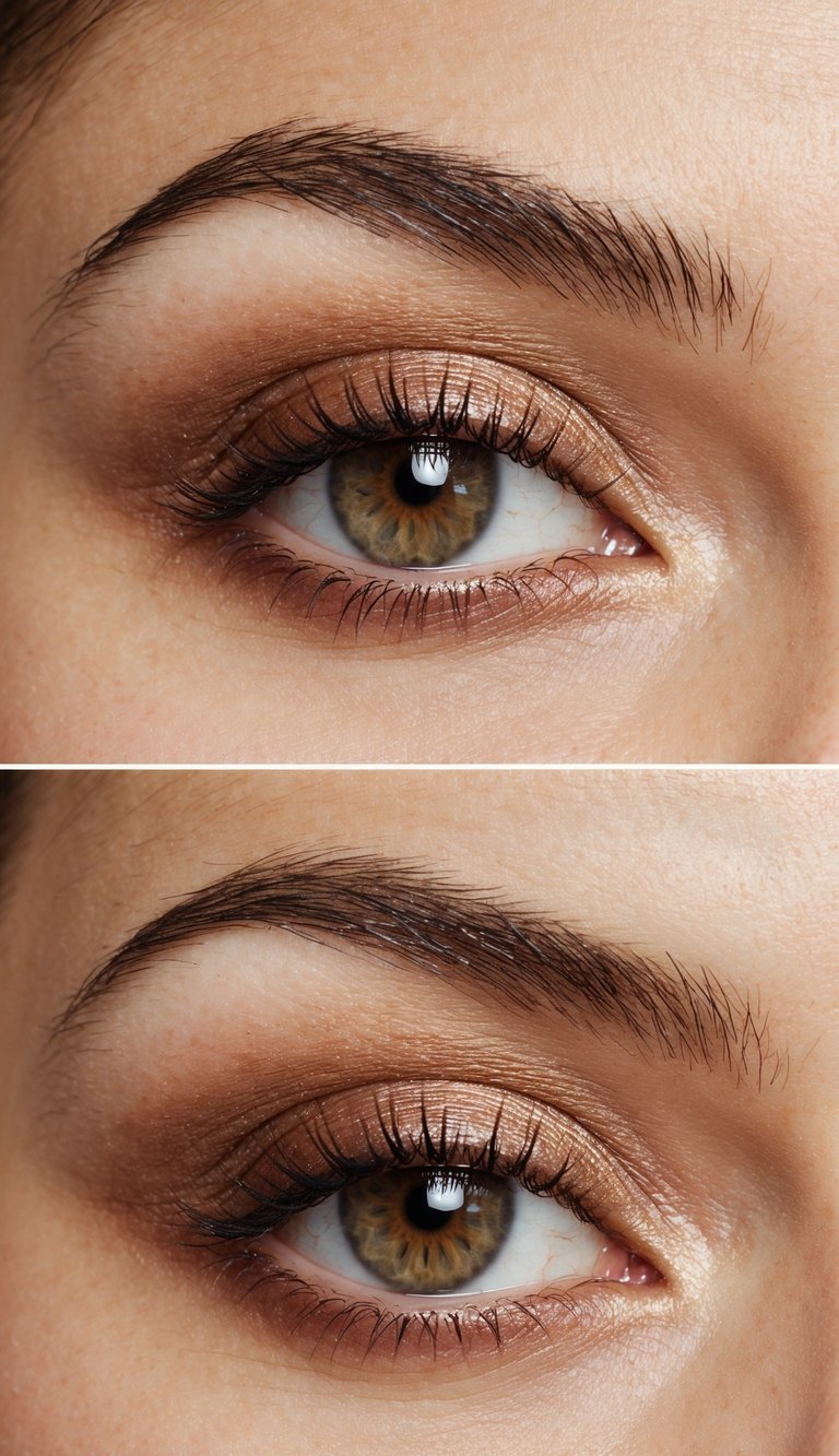 A close-up of an eye with a soft brown eyeshadow and champagne inner corner highlight