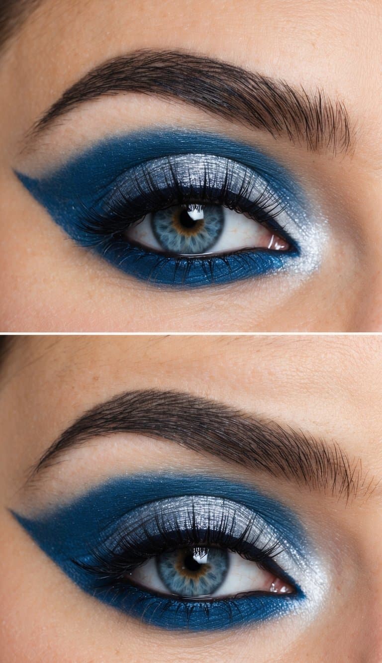A close-up of a blue and silver smokey eye makeup look with bold and cool tones