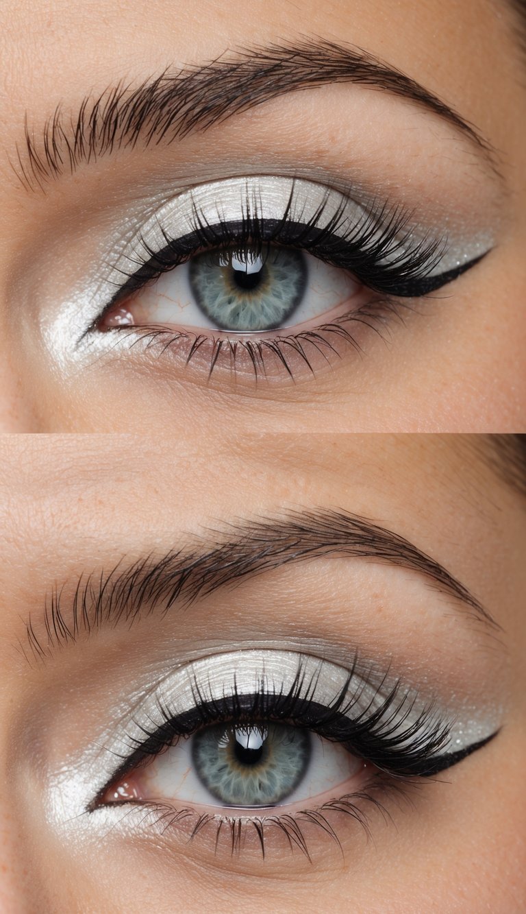 A close-up of a pearl silver cat-eye flicked eye makeup design with a soft, luminous finish