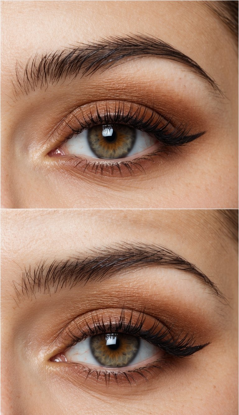 A close-up of an eye with warm cinnamon crease definition and soft brown eyeshadow for an everyday elegant look