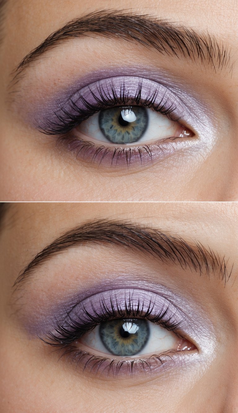 A close-up of a pair of eyelids with a soft, luminous gradient of pearl violet eyeshadow