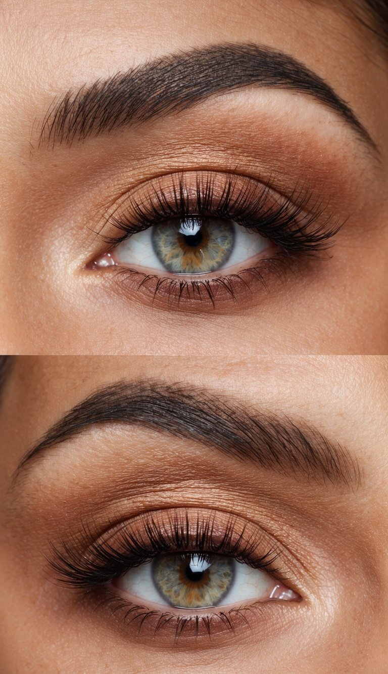 A close-up of a warm, soft brown eye makeup look with peachy undertones, evoking everyday elegance