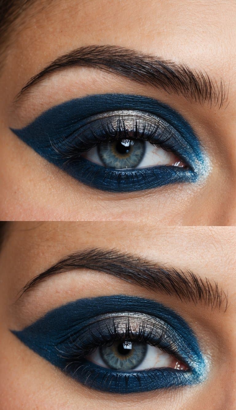 A close-up of a smokey eye with a blend of blue and bronze eyeshadow, creating a bold and cool beauty look