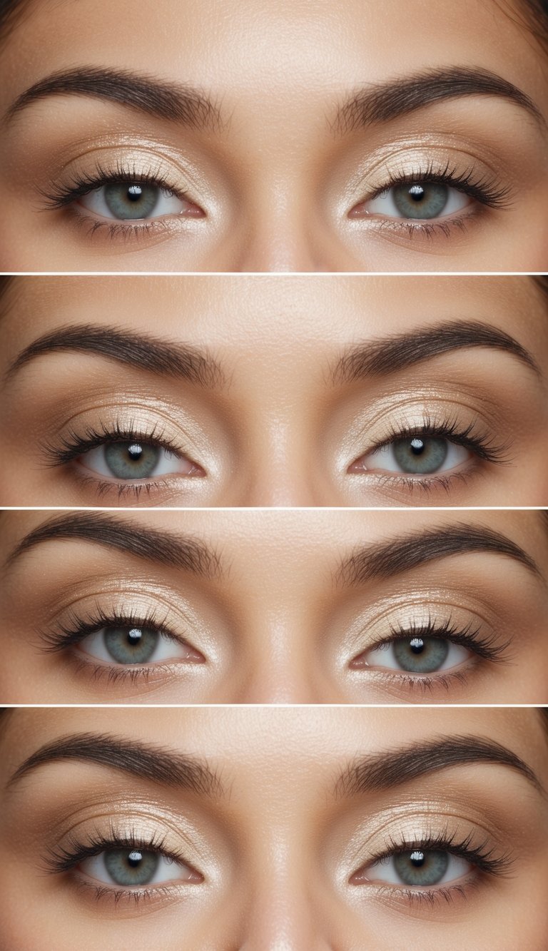 A palette of soft pearl beige eyeshadows arranged in a gradient, with a luminous finish
